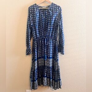 Roller Rabbit Margoa Boho Tiered Geometric Blue Dress Size Small